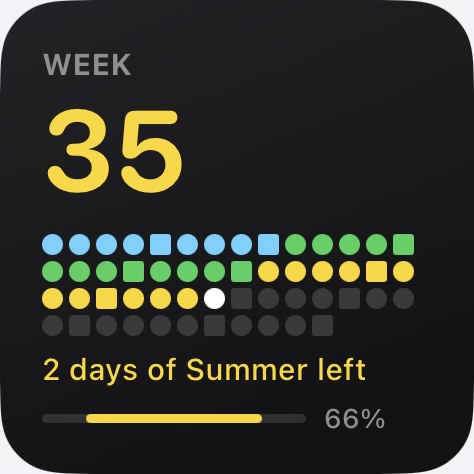Small iOS widget showing week 35 above a grid of season-coloured dots, with days of summer left and a year progress bar.